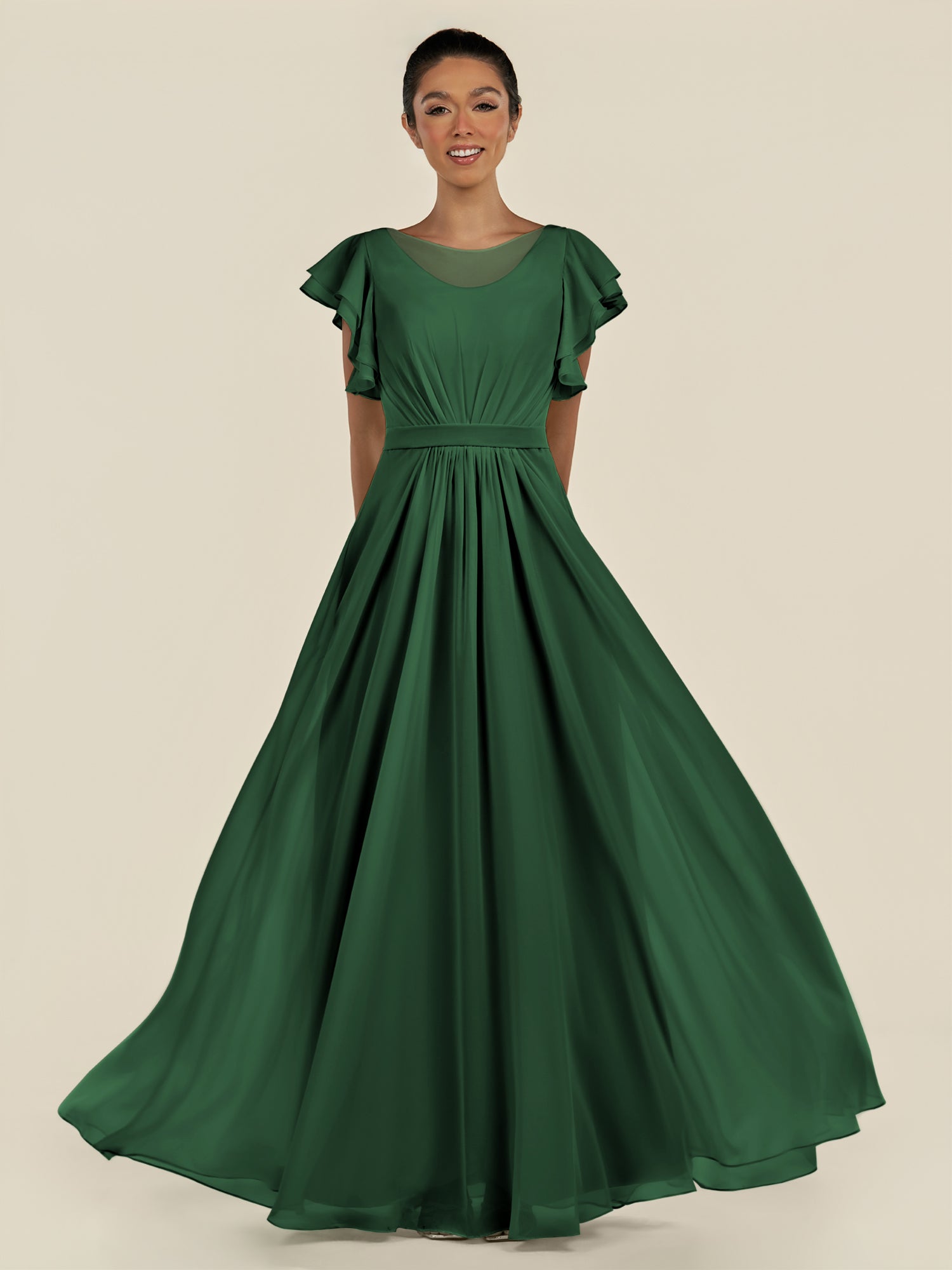 KissDress-Inea Dark Green A Line Chiffon Illusion Scoop Neck Long Bridesmaid Dress with Flutter Sleeves