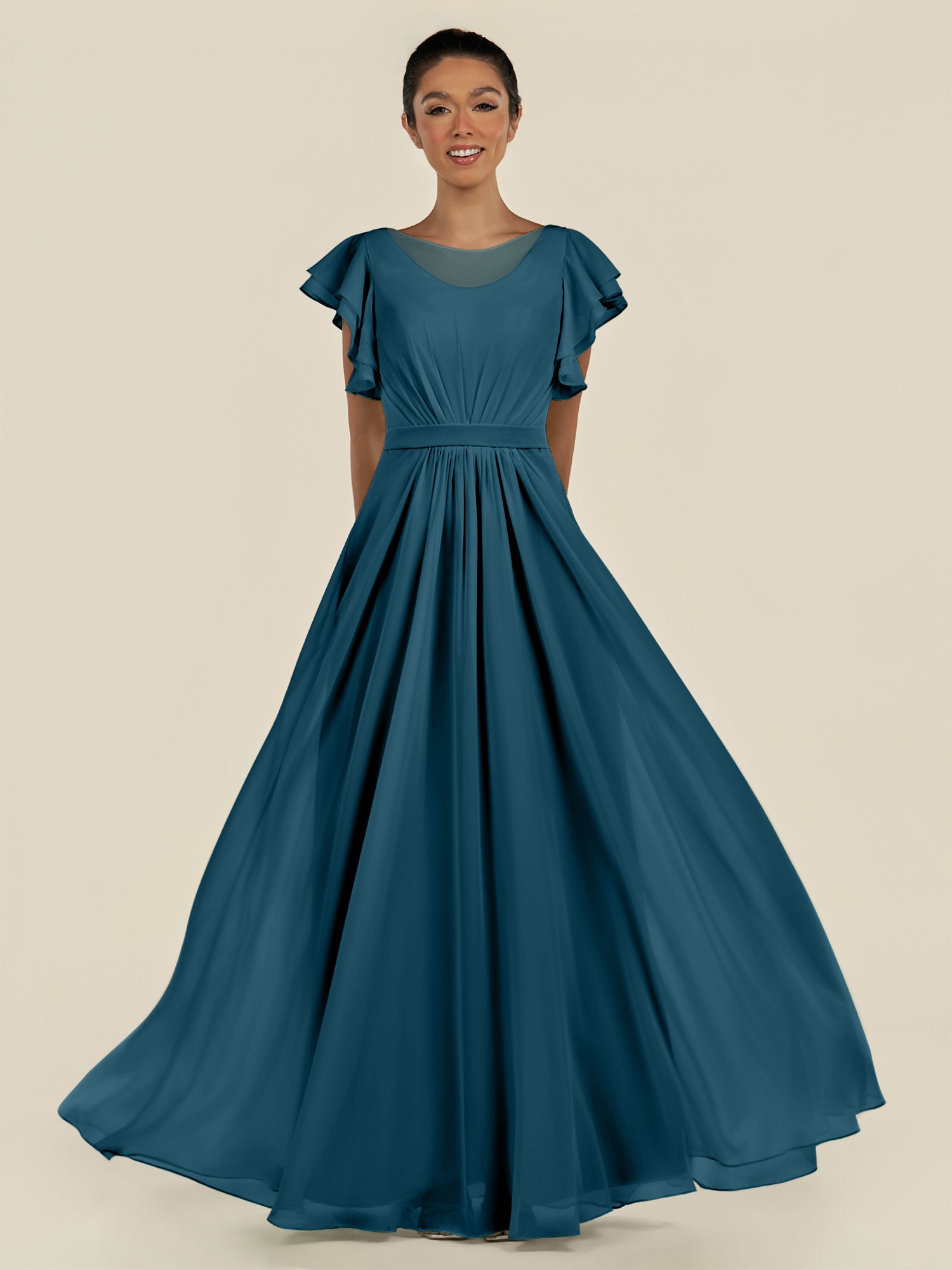 KissDress-Inea Dark Teal A Line Chiffon Illusion Scoop Neck Long Bridesmaid Dress with Flutter Sleeves