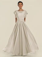 KissDress-Inea Dove Gray A Line Chiffon Illusion Scoop Neck Long Bridesmaid Dress with Flutter Sleeves