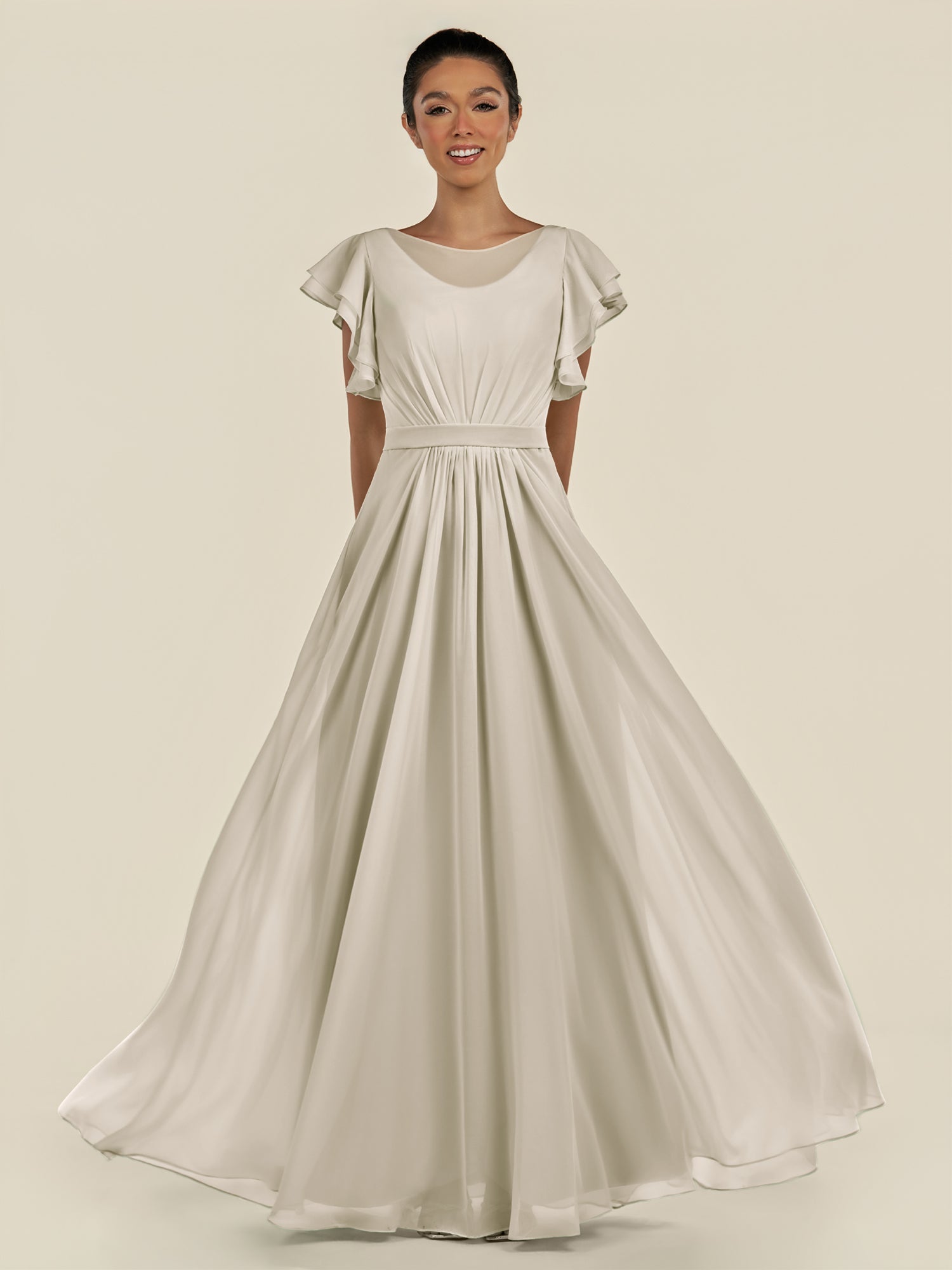 KissDress-Inea Dove Gray A Line Chiffon Illusion Scoop Neck Long Bridesmaid Dress with Flutter Sleeves