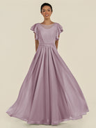 KissDress-Inea Dusk A Line Chiffon Illusion Scoop Neck Long Bridesmaid Dress with Flutter Sleeves