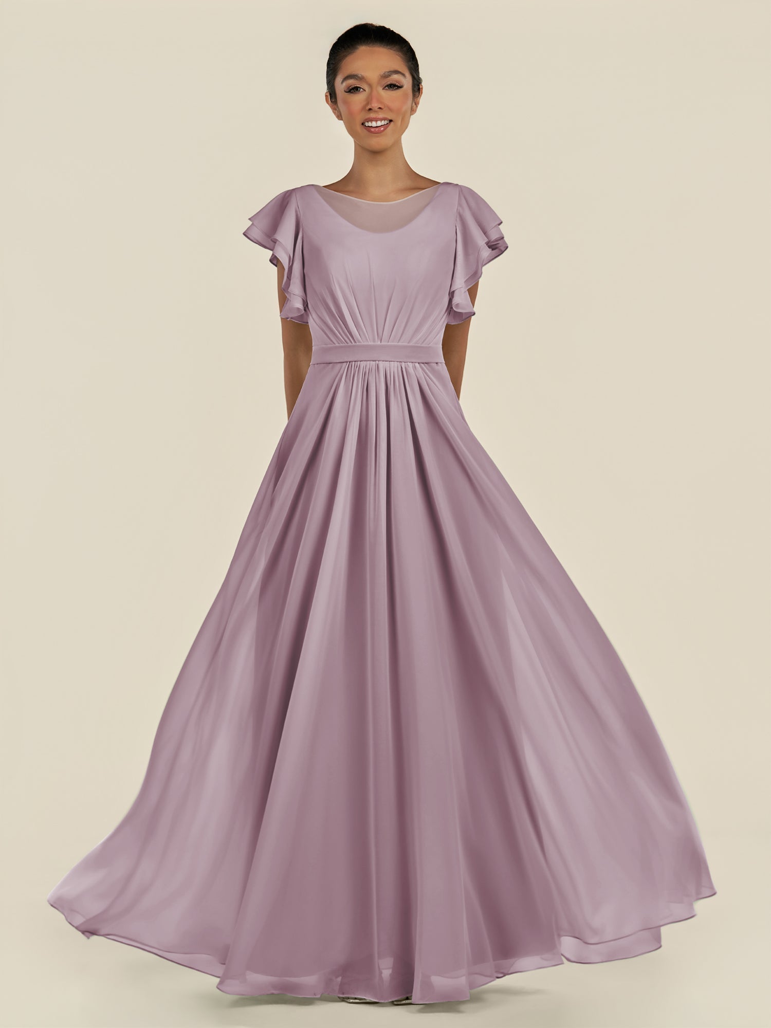 KissDress-Inea Dusk A Line Chiffon Illusion Scoop Neck Long Bridesmaid Dress with Flutter Sleeves