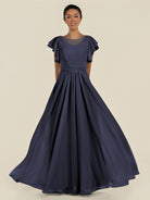 KissDress-Inea Dusk Blue A Line Chiffon Illusion Scoop Neck Long Bridesmaid Dress with Flutter Sleeves