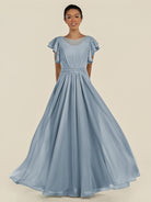 KissDress-Inea Dusty Blue A Line Chiffon Illusion Scoop Neck Long Bridesmaid Dress with Flutter Sleeves
