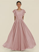 KissDress-Inea Dusty Rose A Line Chiffon Illusion Scoop Neck Long Bridesmaid Dress with Flutter Sleeves