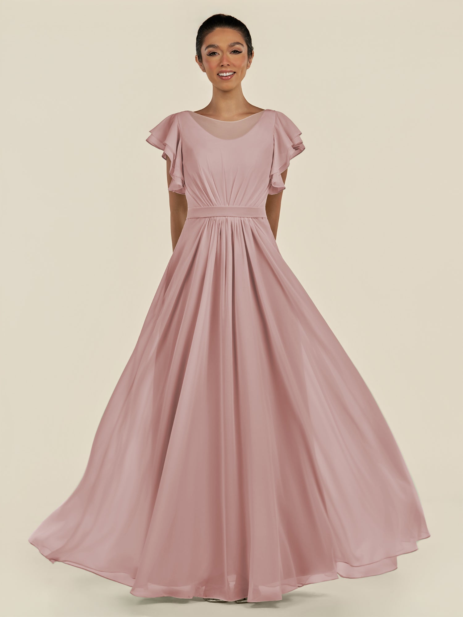 KissDress-Inea Dusty Rose A Line Chiffon Illusion Scoop Neck Long Bridesmaid Dress with Flutter Sleeves