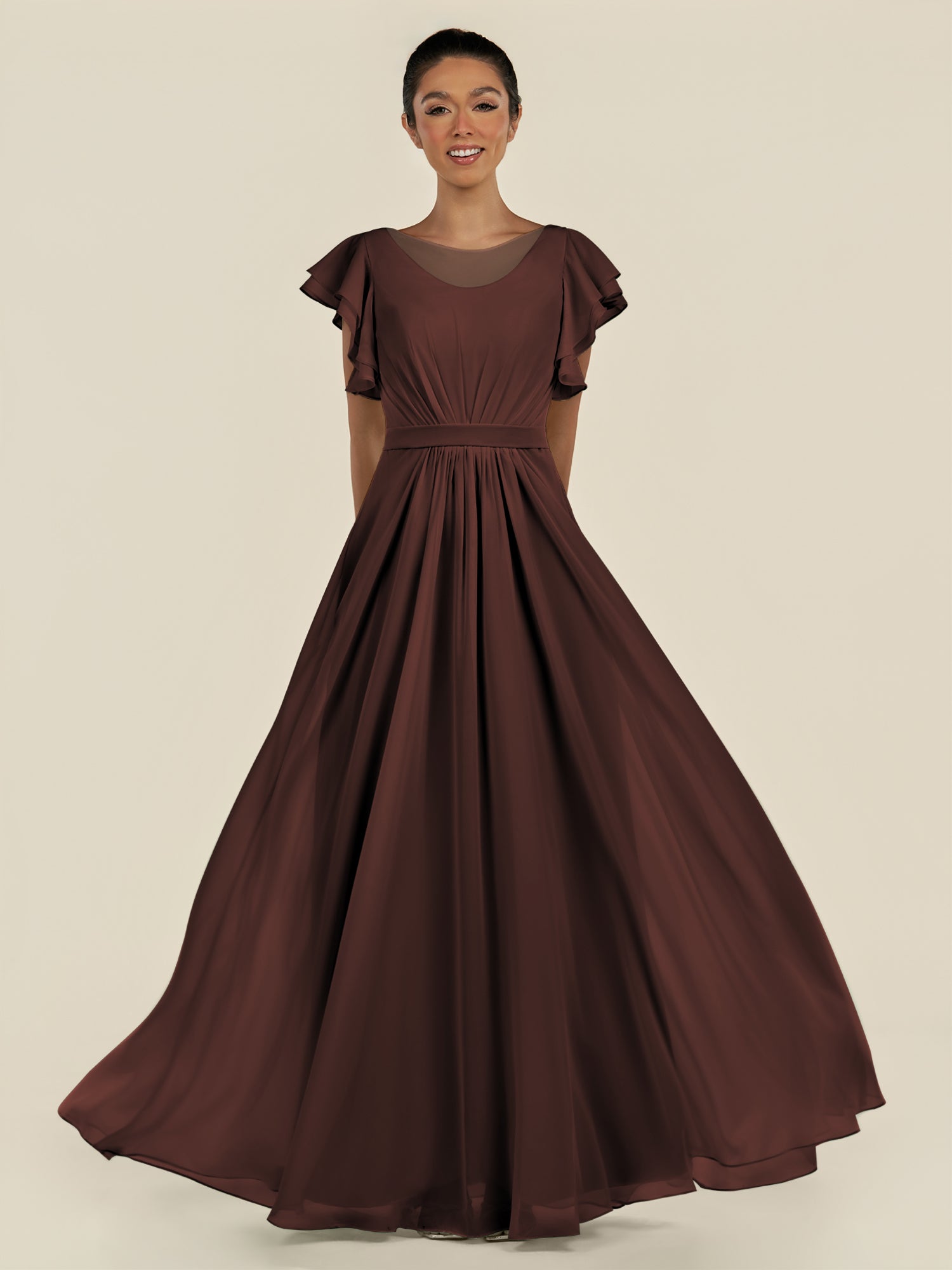 KissDress-Inea Espresso A Line Chiffon Illusion Scoop Neck Long Bridesmaid Dress with Flutter Sleeves