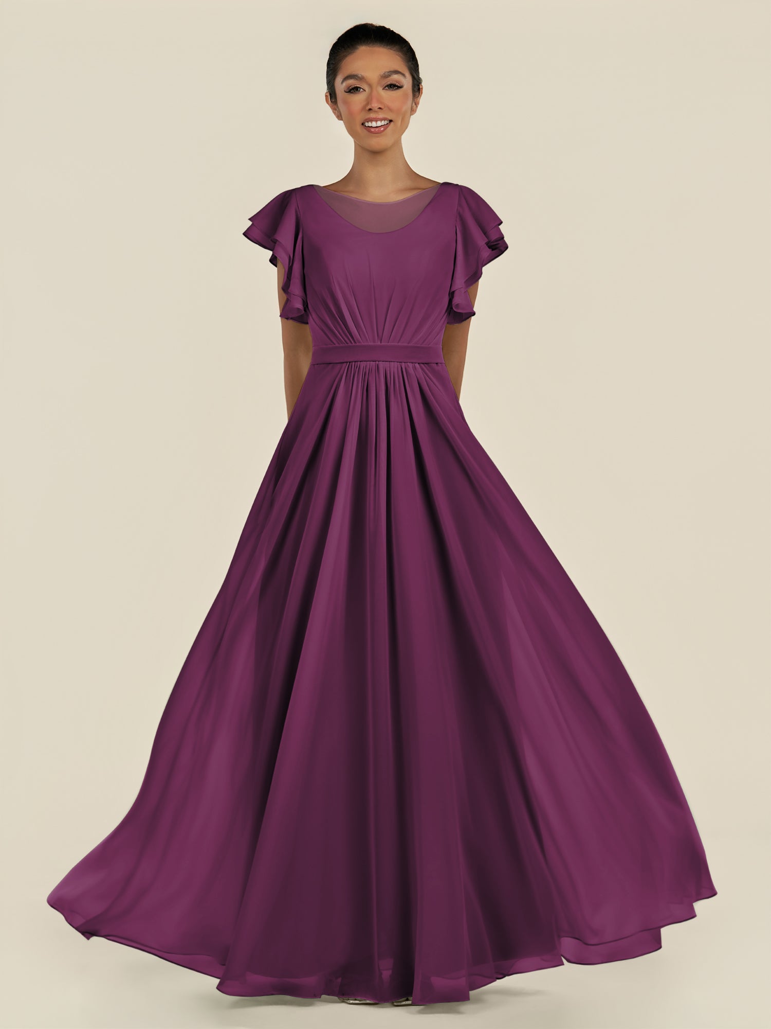KissDress-Inea Fig A Line Chiffon Illusion Scoop Neck Long Bridesmaid Dress with Flutter Sleeves