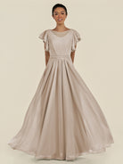 KissDress-Inea Frost A Line Chiffon Illusion Scoop Neck Long Bridesmaid Dress with Flutter Sleeves