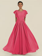 KissDress-Inea Fuchsia A Line Chiffon Illusion Scoop Neck Long Bridesmaid Dress with Flutter Sleeves