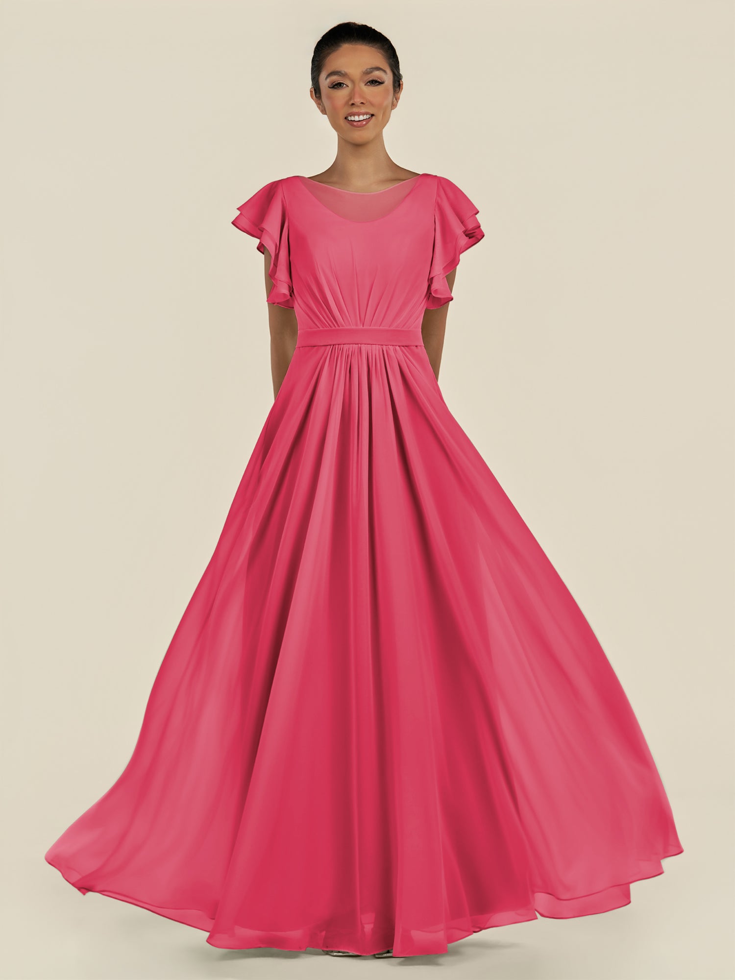 KissDress-Inea Fuchsia A Line Chiffon Illusion Scoop Neck Long Bridesmaid Dress with Flutter Sleeves