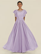 KissDress-Inea Lavender A Line Chiffon Illusion Scoop Neck Long Bridesmaid Dress with Flutter Sleeves