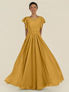 KissDress-Inea Marigold A Line Chiffon Illusion Scoop Neck Long Bridesmaid Dress with Flutter Sleeves