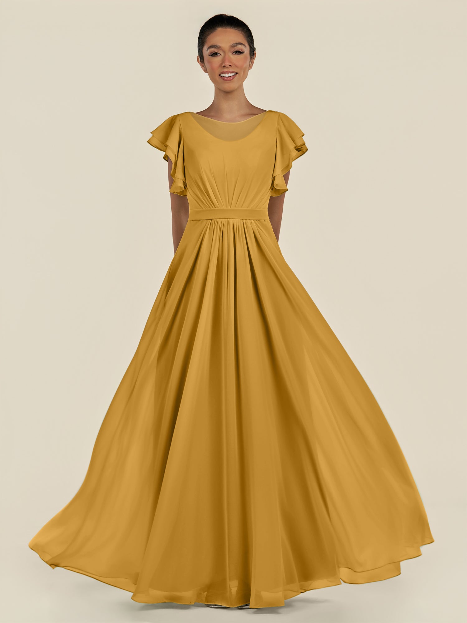 KissDress-Inea Marigold A Line Chiffon Illusion Scoop Neck Long Bridesmaid Dress with Flutter Sleeves