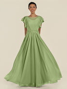 KissDress-Inea Matcha A Line Chiffon Illusion Scoop Neck Long Bridesmaid Dress with Flutter Sleeves