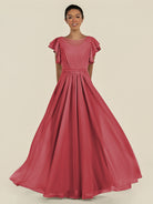 KissDress-Inea Merlot A Line Chiffon Illusion Scoop Neck Long Bridesmaid Dress with Flutter Sleeves