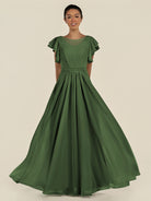 KissDress-Inea Moss A Line Chiffon Illusion Scoop Neck Long Bridesmaid Dress with Flutter Sleeves