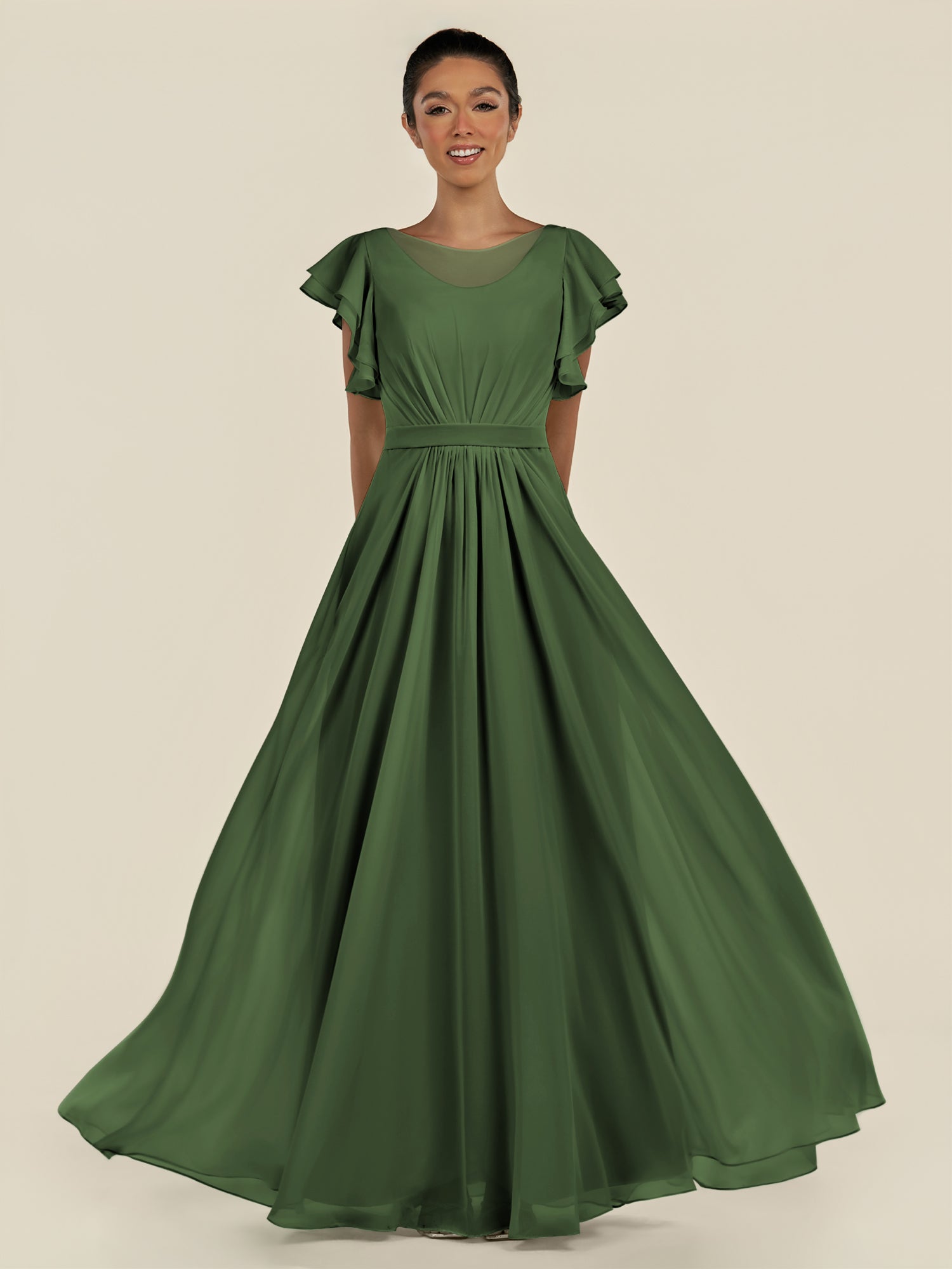 KissDress-Inea Moss A Line Chiffon Illusion Scoop Neck Long Bridesmaid Dress with Flutter Sleeves