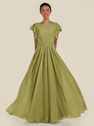 KissDress-Inea Moss Green A Line Chiffon Illusion Scoop Neck Long Bridesmaid Dress with Flutter Sleeves