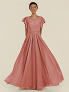 KissDress-Inea Mulberry A Line Chiffon Illusion Scoop Neck Long Bridesmaid Dress with Flutter Sleeves