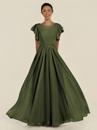KissDress-Inea Olive A Line Chiffon Illusion Scoop Neck Long Bridesmaid Dress with Flutter Sleeves