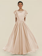 KissDress-Inea Pale Blush A Line Chiffon Illusion Scoop Neck Long Bridesmaid Dress with Flutter Sleeves