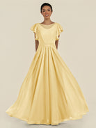 KissDress-Inea Pastel Yellow A Line Chiffon Illusion Scoop Neck Long Bridesmaid Dress with Flutter Sleeves