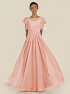 KissDress-Inea Rose Petal A Line Chiffon Illusion Scoop Neck Long Bridesmaid Dress with Flutter Sleeves