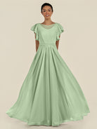 KissDress-Inea Sage A Line Chiffon Illusion Scoop Neck Long Bridesmaid Dress with Flutter Sleeves