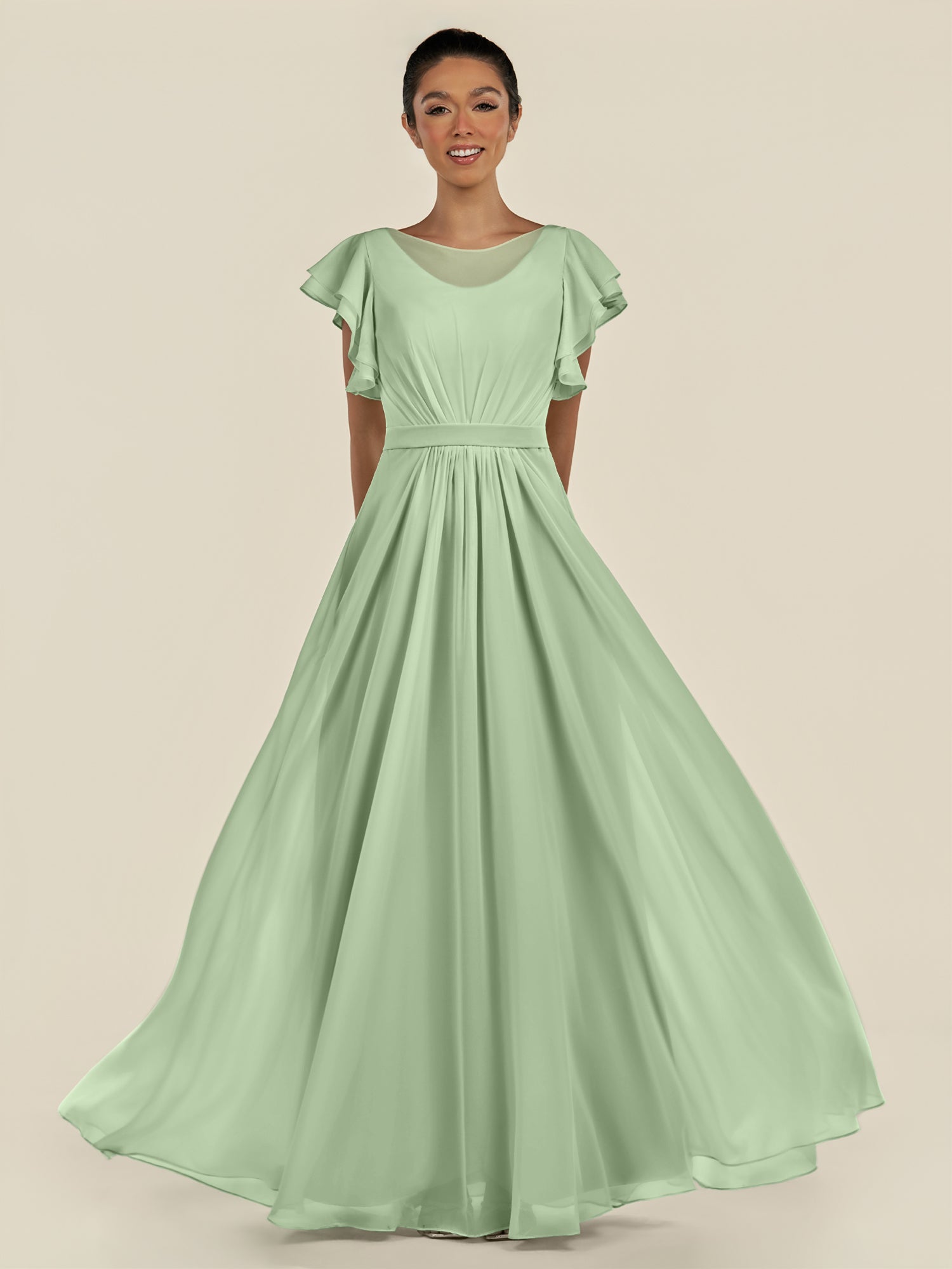 KissDress-Inea Sage A Line Chiffon Illusion Scoop Neck Long Bridesmaid Dress with Flutter Sleeves