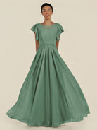KissDress-Inea Sea Glass A Line Chiffon Illusion Scoop Neck Long Bridesmaid Dress with Flutter Sleeves
