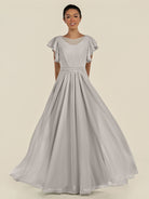 KissDress-Inea Silver A Line Chiffon Illusion Scoop Neck Long Bridesmaid Dress with Flutter Sleeves