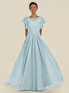 KissDress-Inea Sky Blue A Line Chiffon Illusion Scoop Neck Long Bridesmaid Dress with Flutter Sleeves