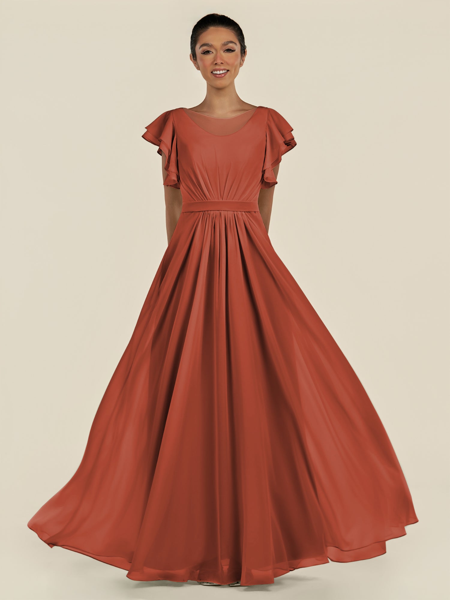 KissDress-Inea Spice A Line Chiffon Illusion Scoop Neck Long Bridesmaid Dress with Flutter Sleeves