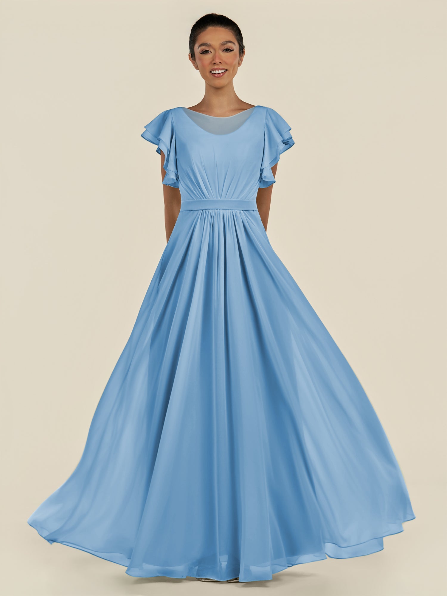KissDress-Inea Steel Blue A Line Chiffon Illusion Scoop Neck Long Bridesmaid Dress with Flutter Sleeves