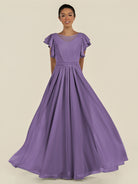 KissDress-Inea Tahiti A Line Chiffon Illusion Scoop Neck Long Bridesmaid Dress with Flutter Sleeves