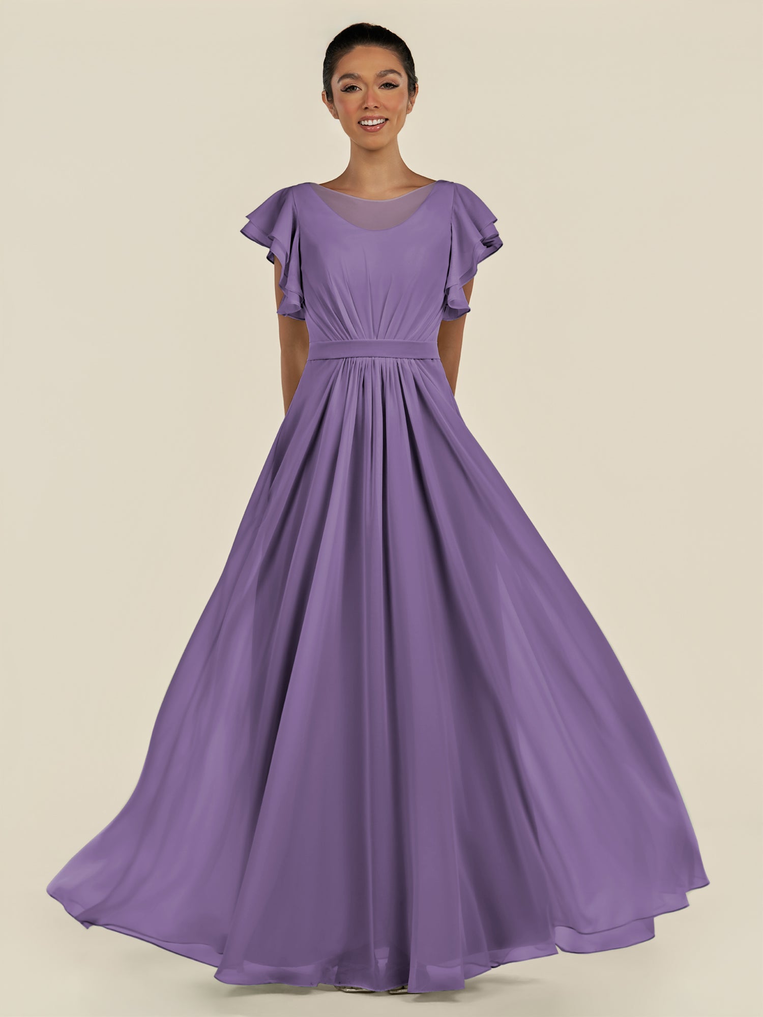 KissDress-Inea Tahiti A Line Chiffon Illusion Scoop Neck Long Bridesmaid Dress with Flutter Sleeves