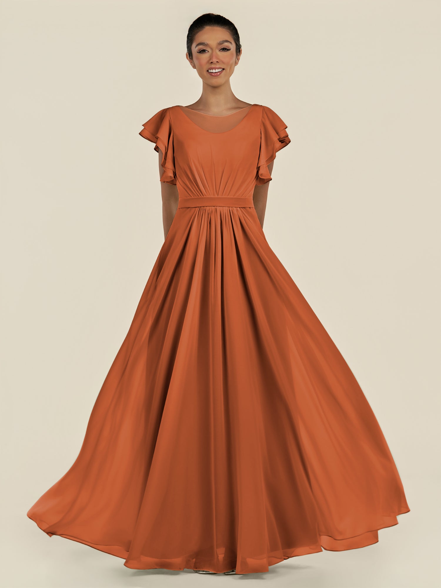 KissDress-Inea Terracotta A Line Chiffon Illusion Scoop Neck Long Bridesmaid Dress with Flutter Sleeves
