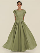 KissDress-Inea Thyme A Line Chiffon Illusion Scoop Neck Long Bridesmaid Dress with Flutter Sleeves