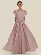 KissDress-Inea Toffee A Line Chiffon Illusion Scoop Neck Long Bridesmaid Dress with Flutter Sleeves