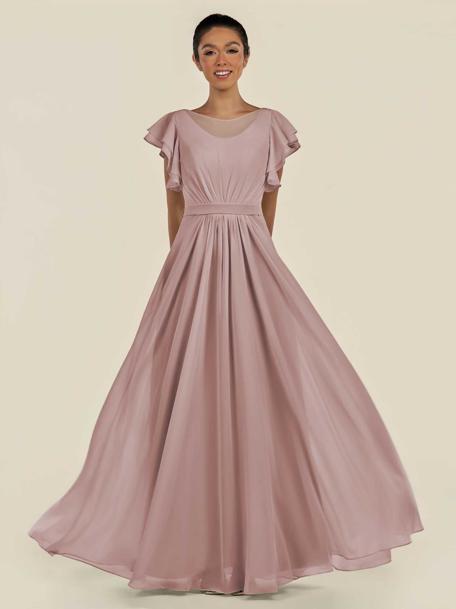 KissDress-Inea Toffee A Line Chiffon Illusion Scoop Neck Long Bridesmaid Dress with Flutter Sleeves