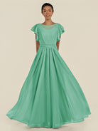 KissDress-Inea Turquoise A Line Chiffon Illusion Scoop Neck Long Bridesmaid Dress with Flutter Sleeves