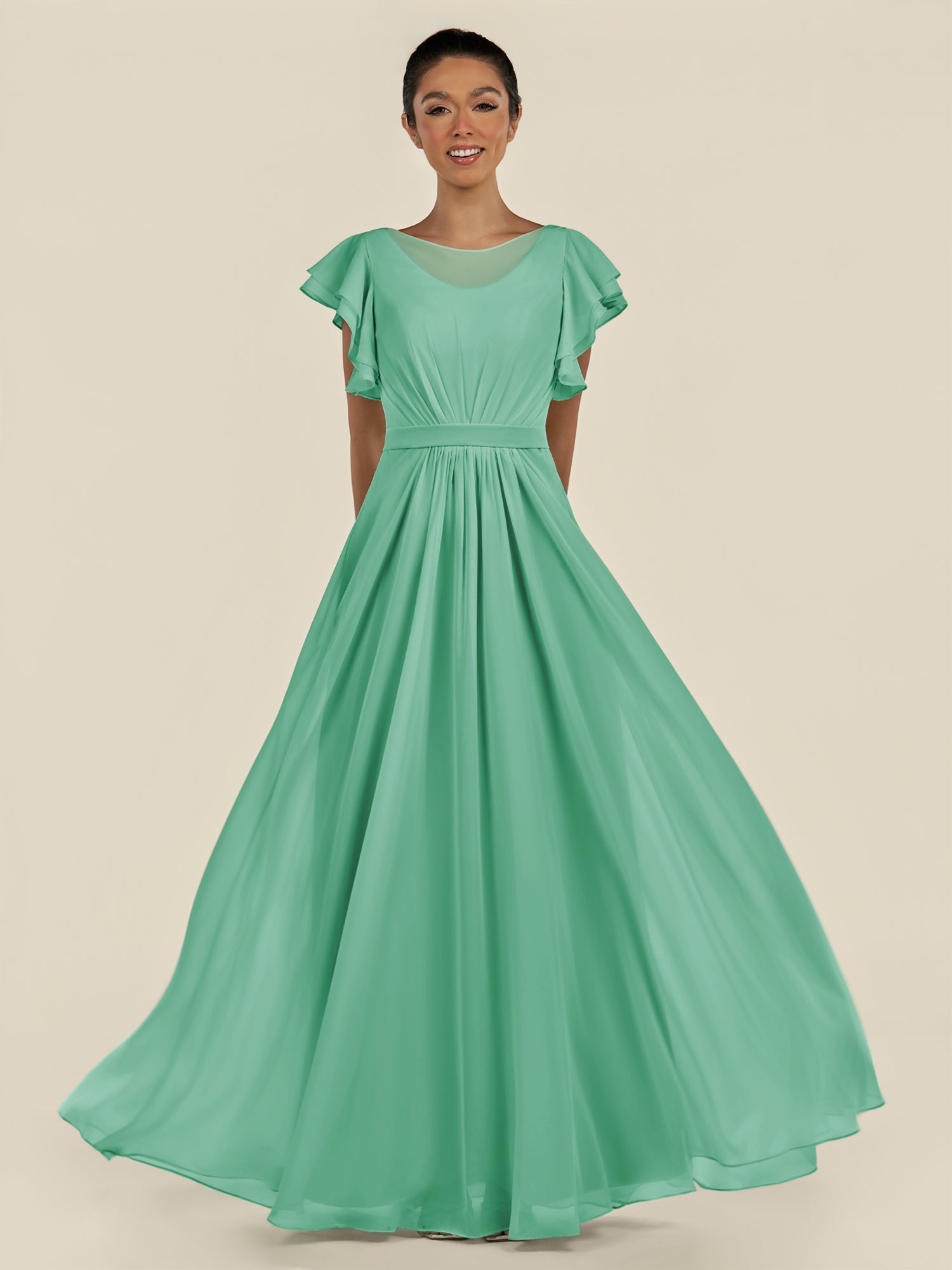 KissDress-Inea Turquoise A Line Chiffon Illusion Scoop Neck Long Bridesmaid Dress with Flutter Sleeves