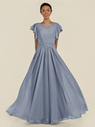 KissDress-Inea Twilight A Line Chiffon Illusion Scoop Neck Long Bridesmaid Dress with Flutter Sleeves