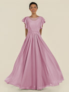 KissDress-Inea Vintage Mauve A Line Chiffon Illusion Scoop Neck Long Bridesmaid Dress with Flutter Sleeves