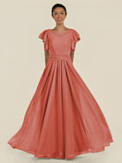 KissDress-Inea Wild Rose A Line Chiffon Illusion Scoop Neck Long Bridesmaid Dress with Flutter Sleeves