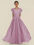 KissDress-Inea Wisteria A Line Chiffon Illusion Scoop Neck Long Bridesmaid Dress with Flutter Sleeves