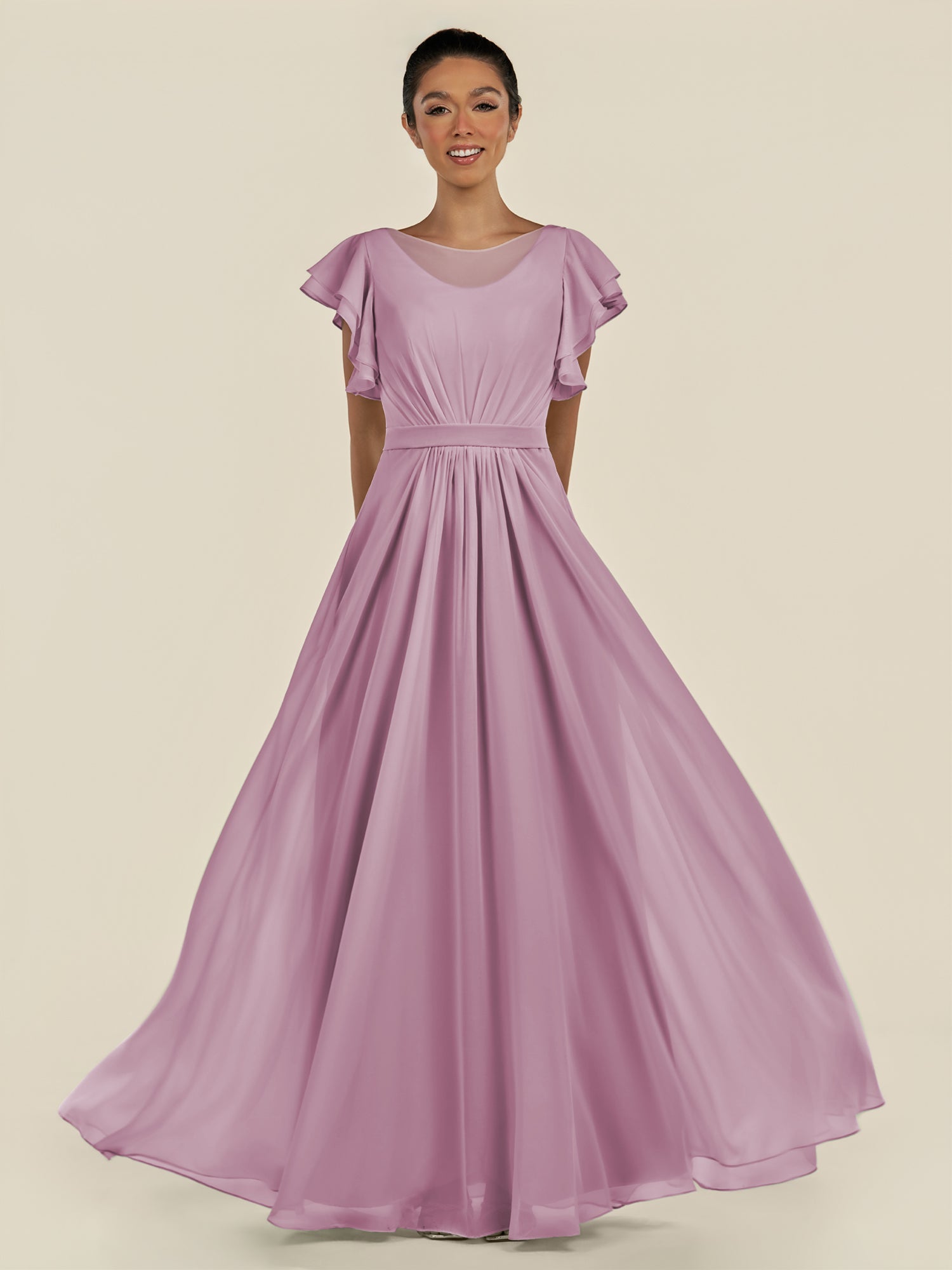 KissDress-Inea Wisteria A Line Chiffon Illusion Scoop Neck Long Bridesmaid Dress with Flutter Sleeves