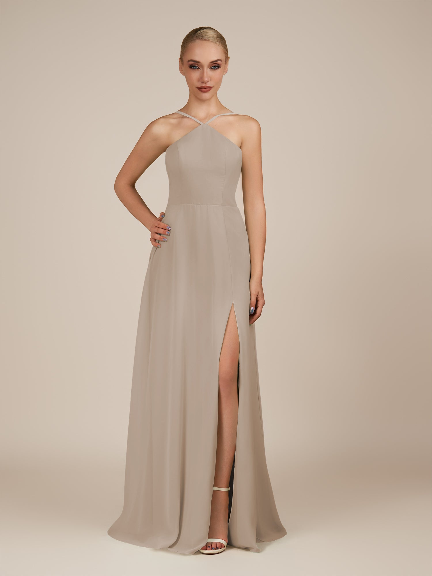 KissDress-Ione Almond A Line Chiffon Halter Neck Long Bridesmaid Dress with Slit