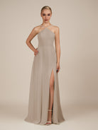 KissDress-Ione Almond A Line Chiffon Halter Neck Long Bridesmaid Dress with Slit